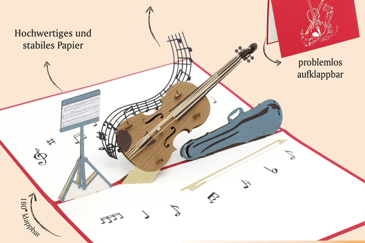 Aufgeklappte Pop-up-Karte mit Geige und Notenständer, dazu die Hinweise hochwertiges und stabiles Papier, filigran und präzise gearbeitet sowie problemlos aufklappbar.