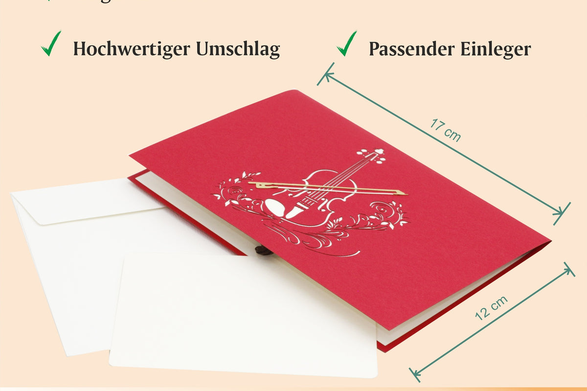 Lieferumfang der Geigen Pop-up-Karte: originelle Karte 12x17 cm, hochwertiger Umschlag und passender Einleger.