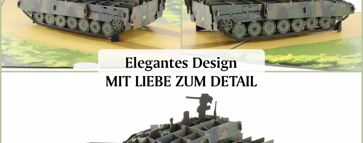 Drei Ansichten der Panzer Pop-up-Karte mit dem Text Elegantes Design mit Liebe zum Detail.
