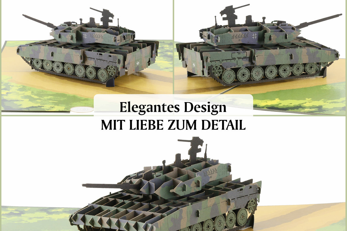 Drei Ansichten der Panzer Pop-up-Karte mit dem Text Elegantes Design mit Liebe zum Detail.