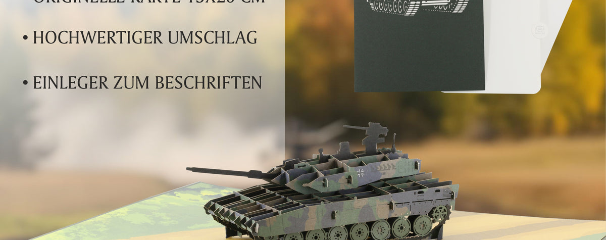 Lieferumfang der Panzer Pop-up-Karte: originelle Karte 15x20 cm, hochwertiger Umschlag und Einleger zum Beschriften.