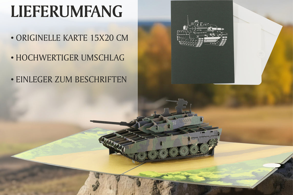 Lieferumfang der Panzer Pop-up-Karte: originelle Karte 15x20 cm, hochwertiger Umschlag und Einleger zum Beschriften.