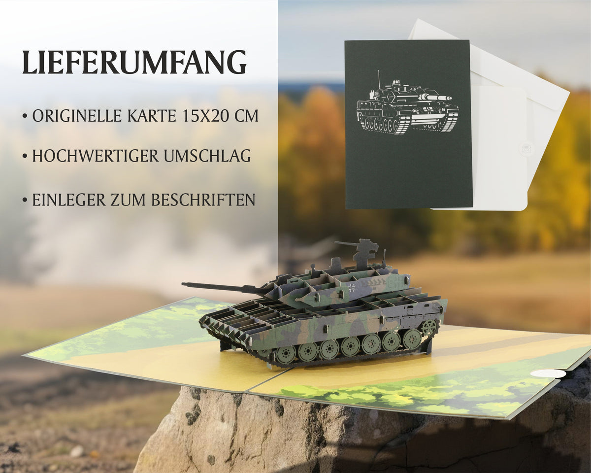 Lieferumfang der Panzer Pop-up-Karte: originelle Karte 15x20 cm, hochwertiger Umschlag und Einleger zum Beschriften.