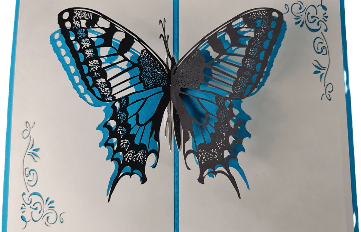 pop up karte mit einem blauen schmetterling