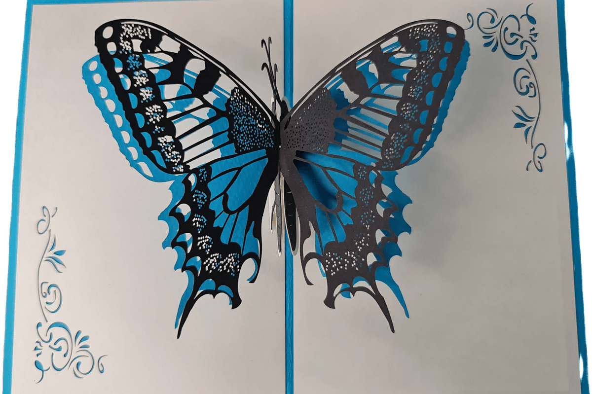 pop up karte mit einem blauen schmetterling