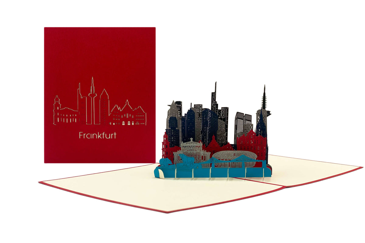 Aufgeklappte Pop-up-Karte mit Frankfurter Skyline, daneben die rote Kartenvorderseite mit dem Schriftzug Frankfurt.