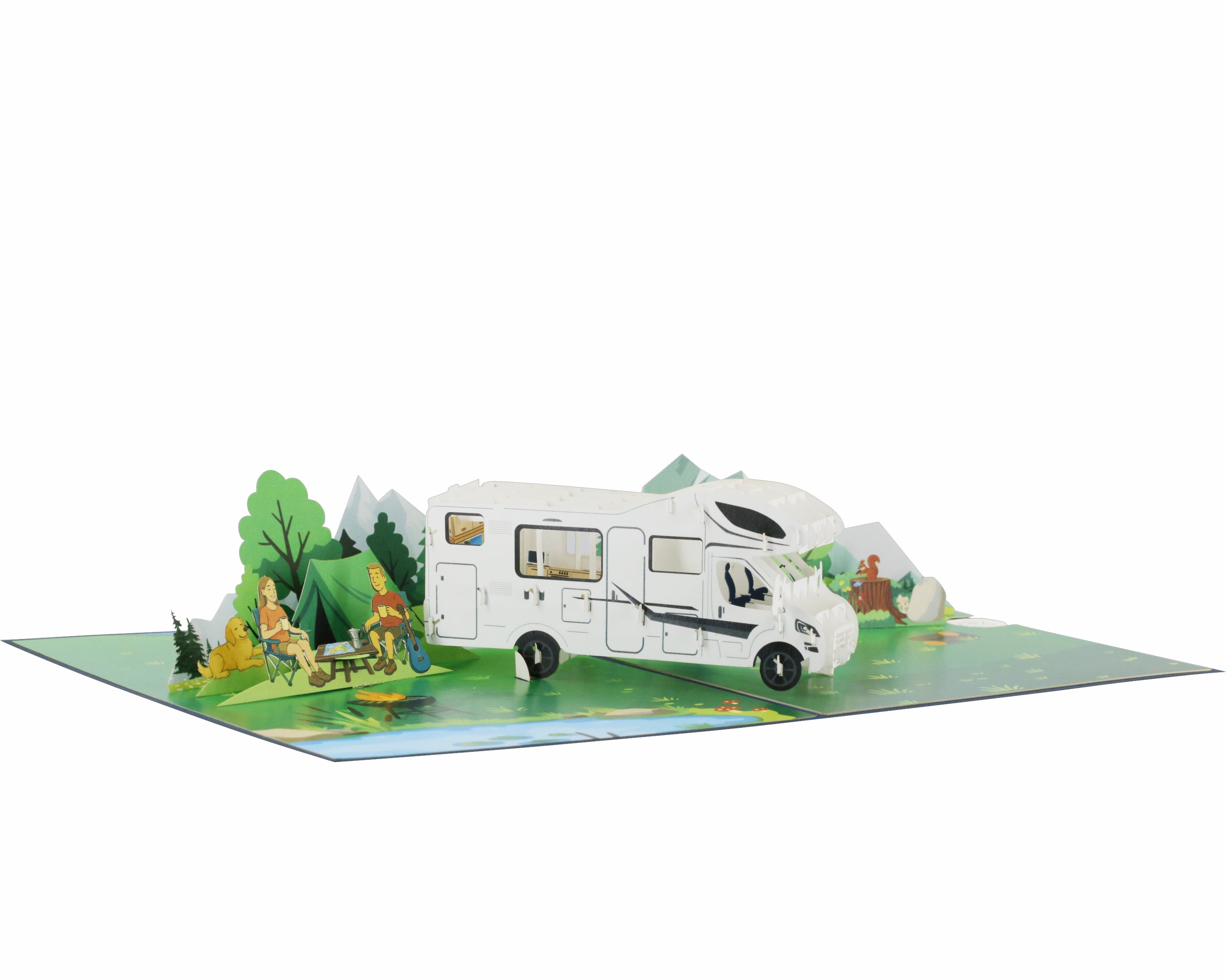 Aufgeklappte Pop-up-Karte mit Wohnmobil, Zelt und Campern vor Bergen, schräg von der Seite fotografiert.
