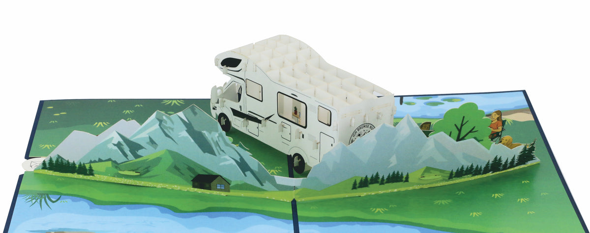 pop up karte mit einem weißen wohnmobil in der landschaft und bergen.