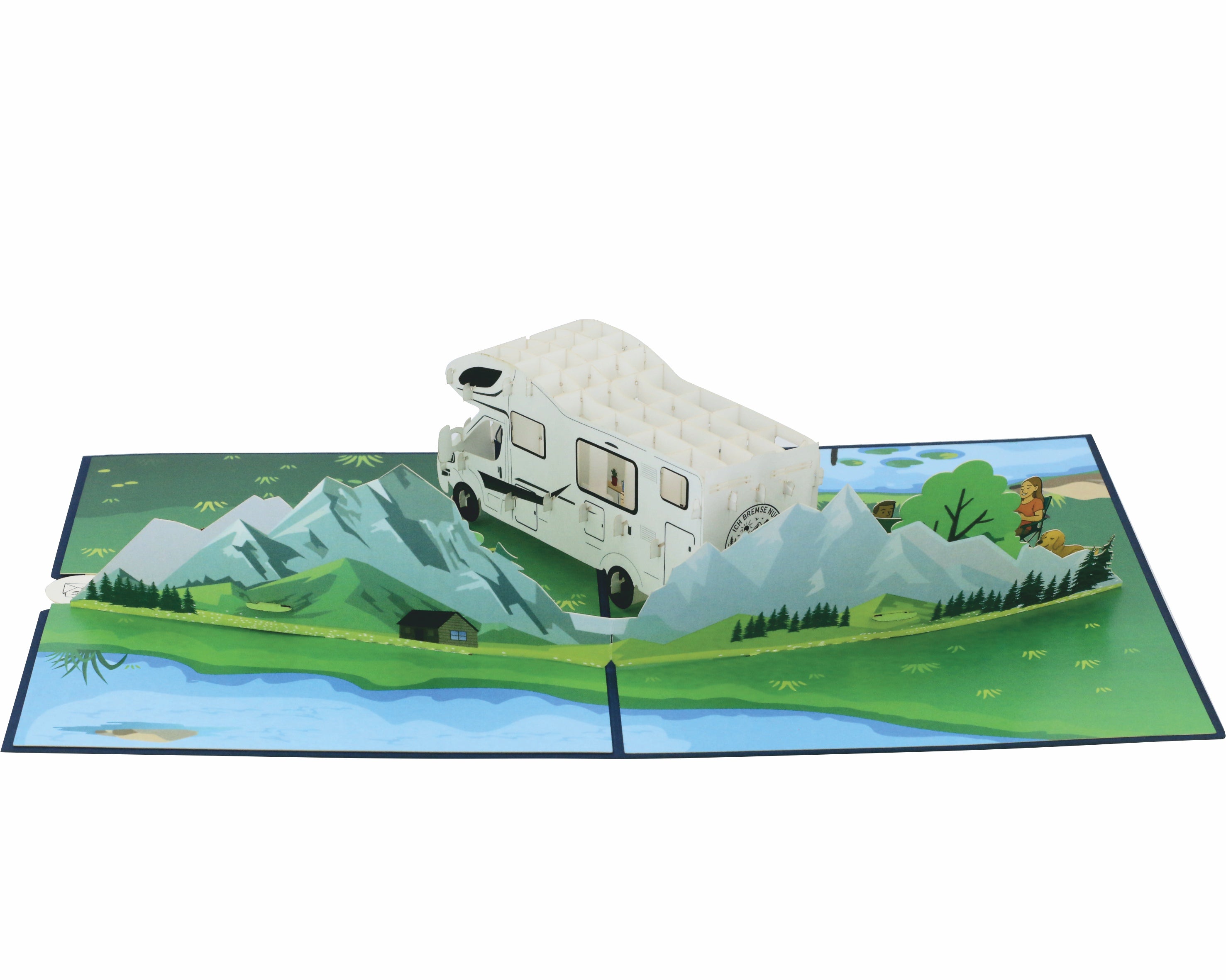 pop up karte mit einem weißen wohnmobil in der landschaft und bergen.