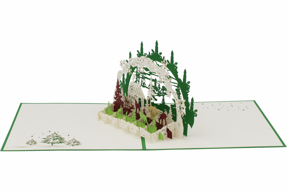 3d pop up karte schwibbogen mit einer winterlandschaft, futterkrippe und tieren