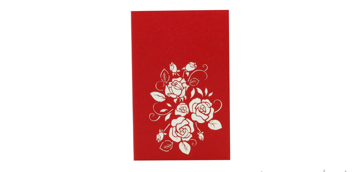 Rote Kartenvorderseite mit einem Rosenstrauß als Scherenschnitt.