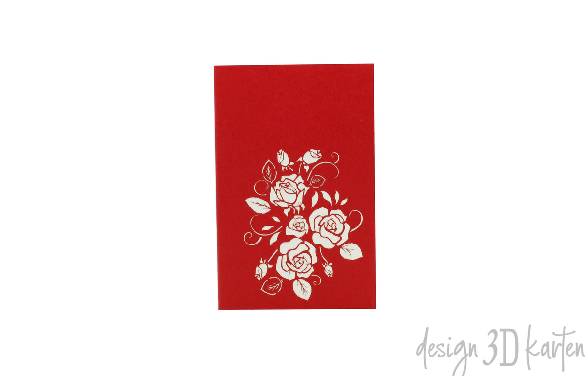 Rote Kartenvorderseite mit einem Rosenstrauß als Scherenschnitt.