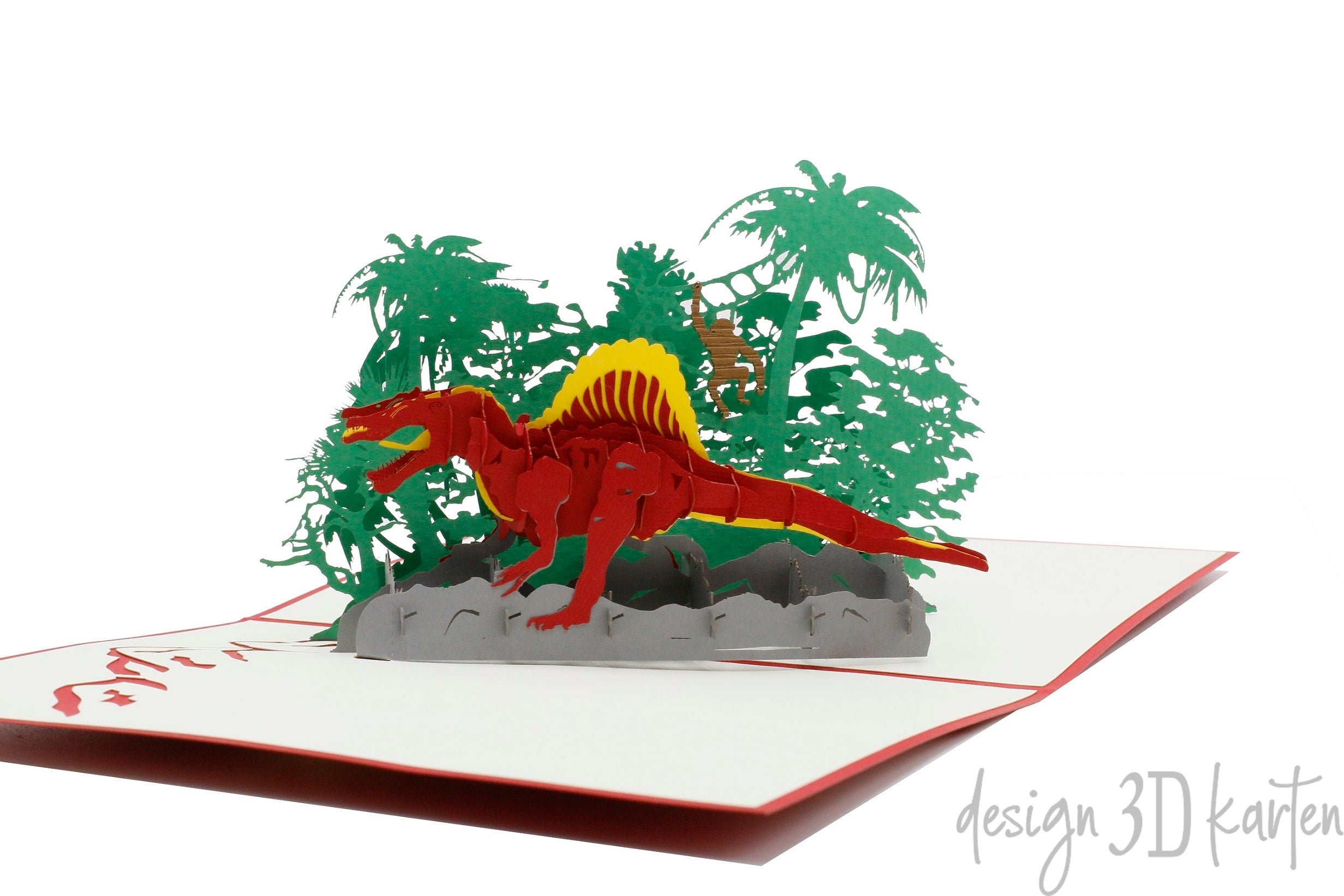 Nahaufnahme der aufgeklappten Pop-up-Karte mit rotem Dinosaurier zwischen Palmen und Farnen.