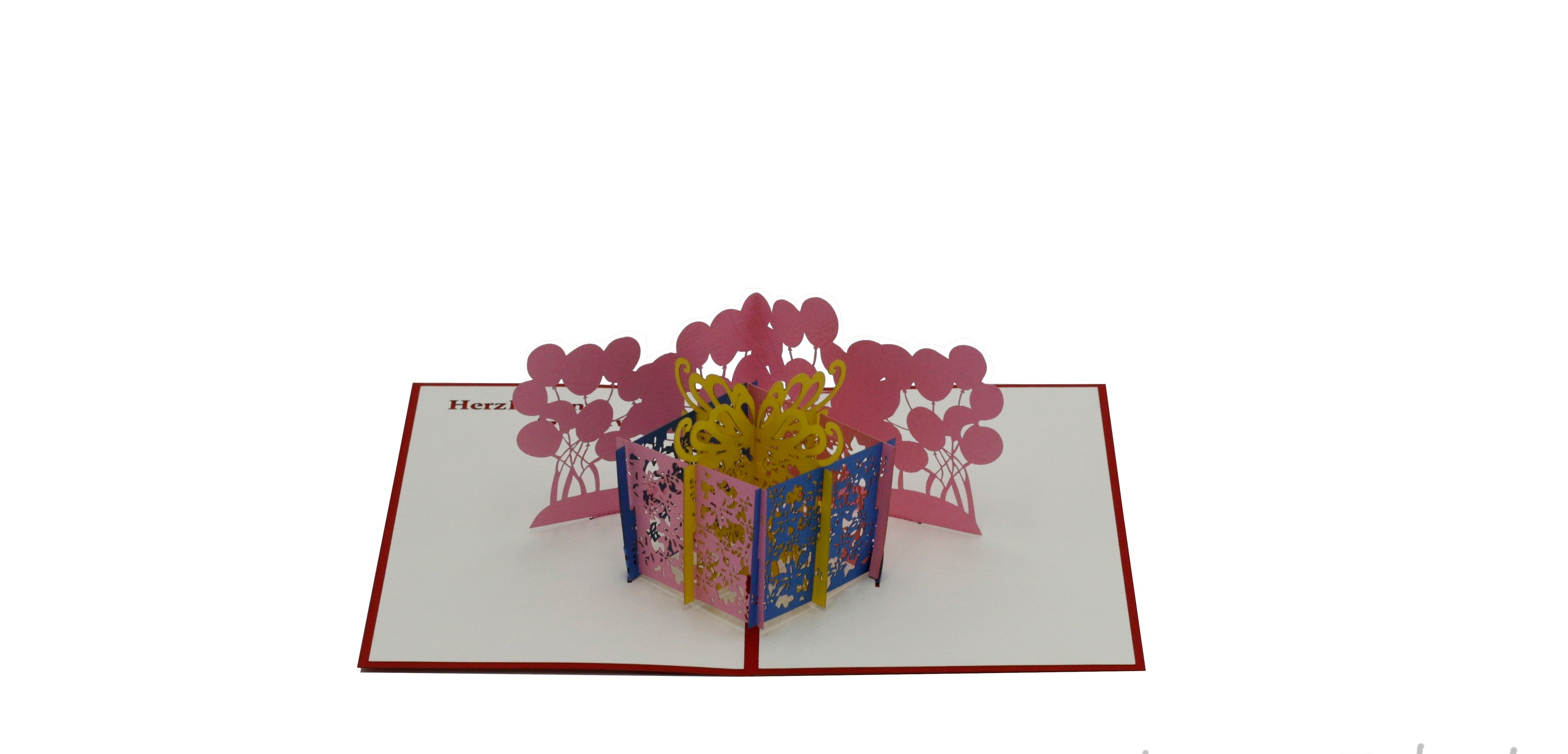 Aufgeklappte Pop-up-Karte mit einer bunten Geschenkbox und rosa Luftballons.