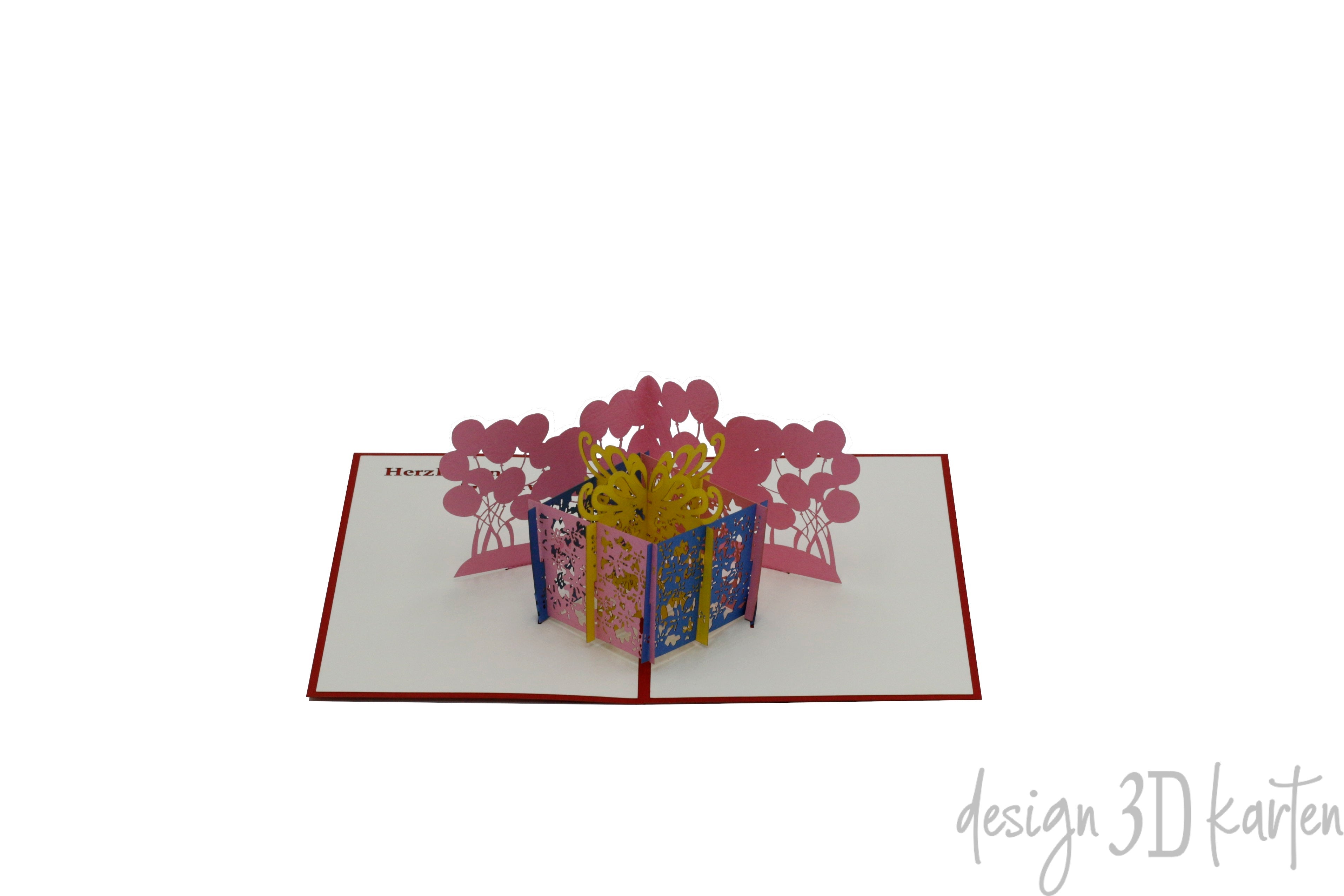Aufgeklappte Pop-up-Karte mit einer bunten Geschenkbox und rosa Luftballons.