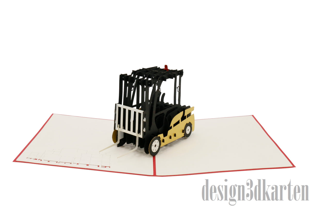Aufgeklappte Pop-up-Karte mit gelbem Gabelstapler, frontal fotografiert.