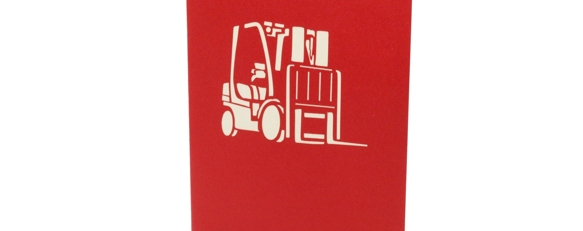Rote Kartenvorderseite mit einem Gabelstapler und Paletten als Scherenschnitt.