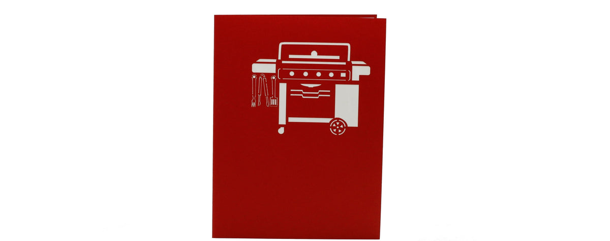 Rote Kartenvorderseite mit einem Gasgrill als Scherenschnitt.