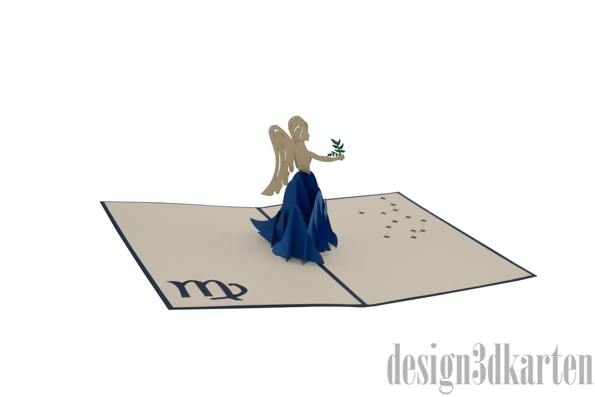 Aufgeklappte Pop-up-Karte mit einer geflügelten Jungfrau im blauen Kleid mit Ährenzweig, daneben Symbol und Sternbild Jungfrau.
