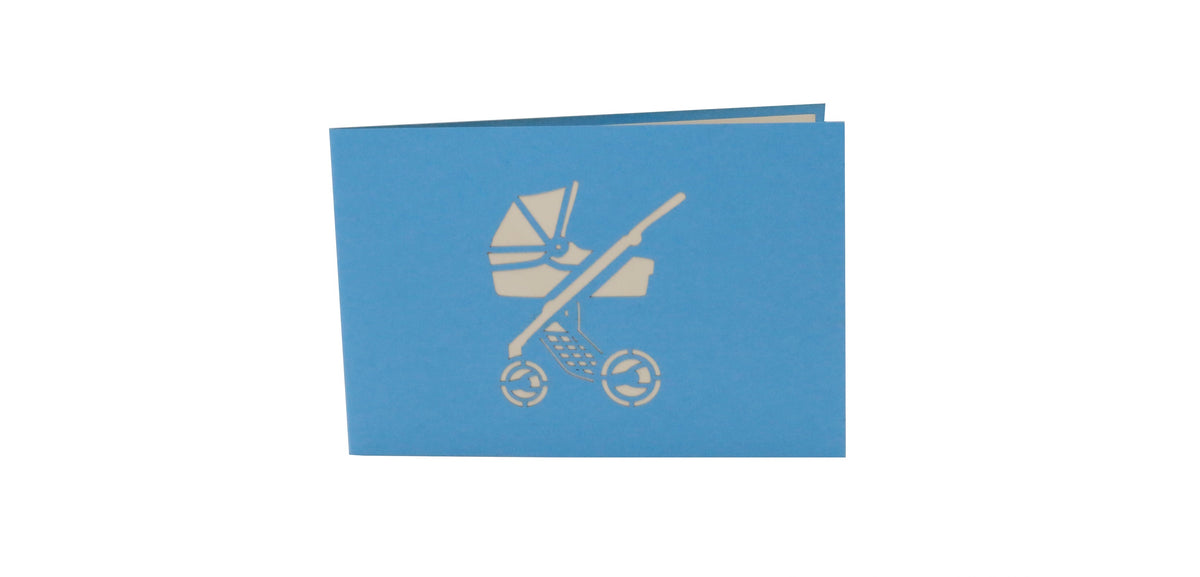 Hellblaue Kartenvorderseite mit einem Kinderwagen als Scherenschnitt.