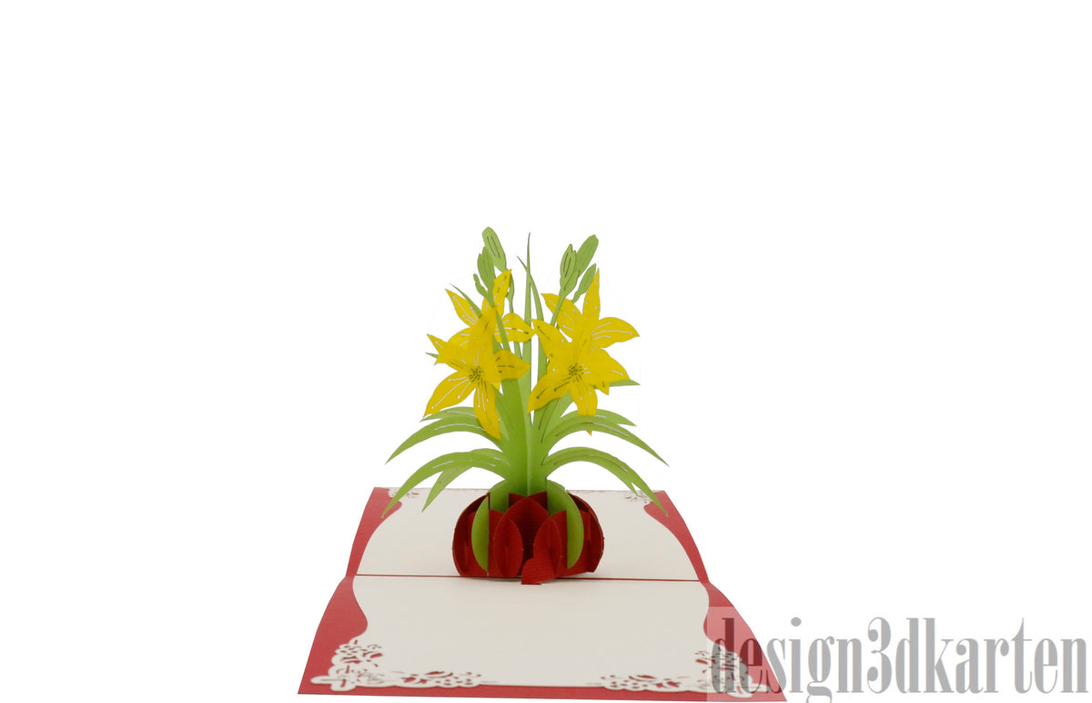 Aufgeklappte Pop-up-Karte mit rotem Rand und einem Strauß gelber Lilien in einer roten Vase.