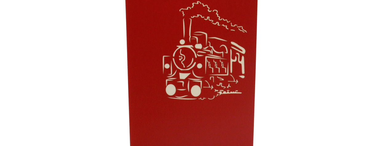 Rote Kartenvorderseite mit einer Dampflokomotive und Rauchwolke als Scherenschnitt.