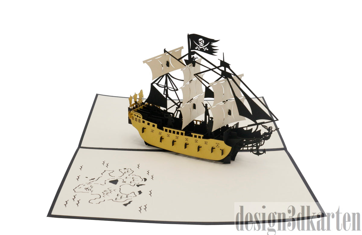 Aufgeklappte Pop-up-Karte mit einem Piratenschiff mit schwarzen Segeln und Totenkopfflagge, auf der Kartenfläche eine Schatzkarte.