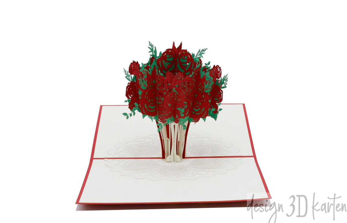 Aufgeklappte Pop-up-Karte mit rotem Rand und einem Strauß roter Rosen in einer Vase.