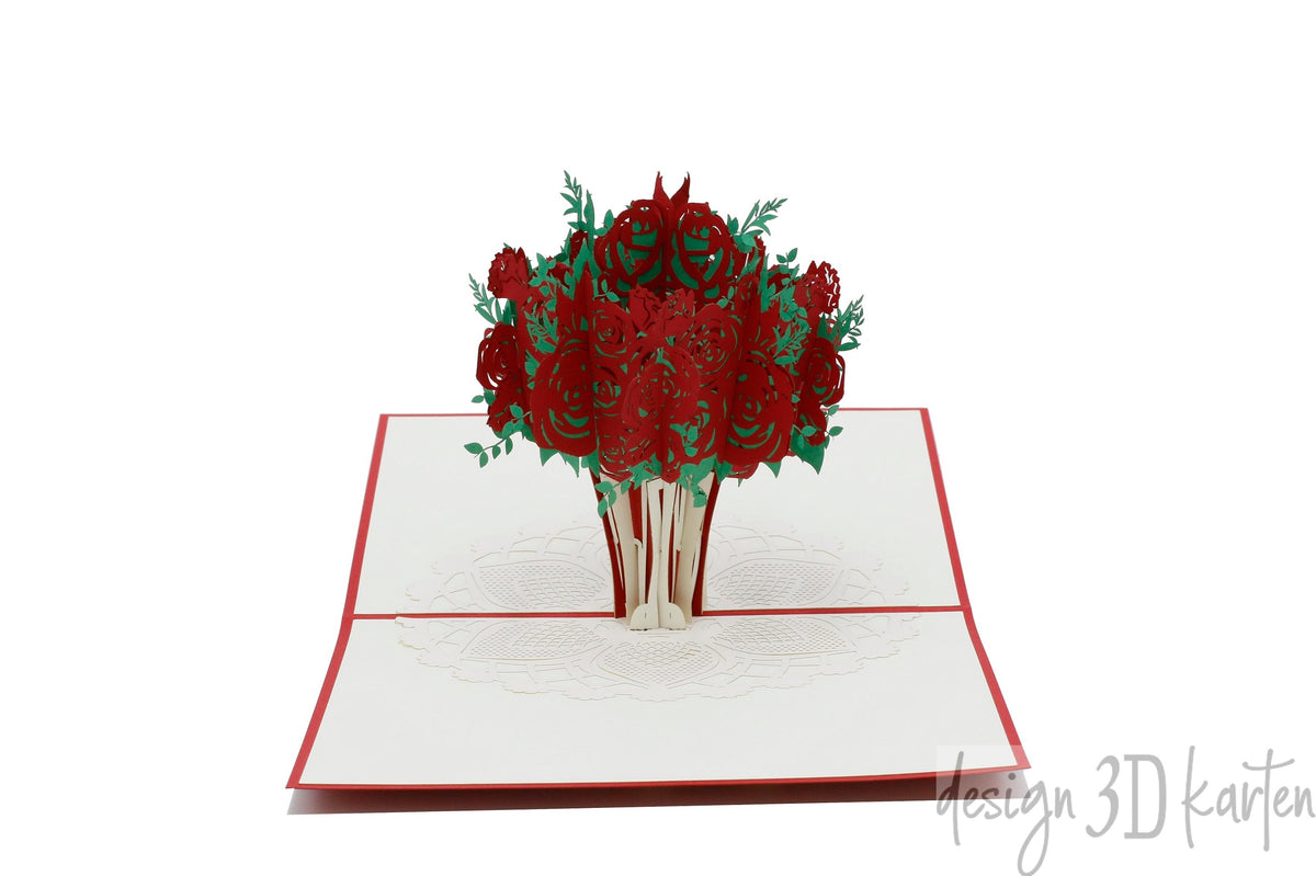 Aufgeklappte Pop-up-Karte mit rotem Rand und einem Strauß roter Rosen in einer Vase.