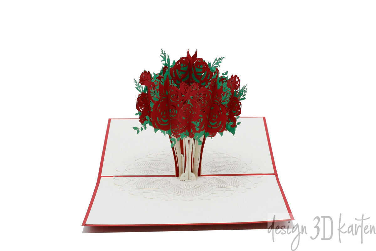 Aufgeklappte Pop-up-Karte mit rotem Rand und einem Strauß roter Rosen in einer Vase.