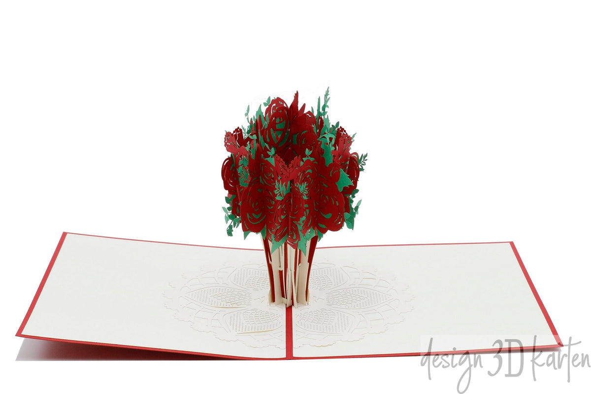 Aufgeklappte Pop-up-Karte mit rotem Rosenstrauß aus Papier, schräg von der Seite fotografiert.