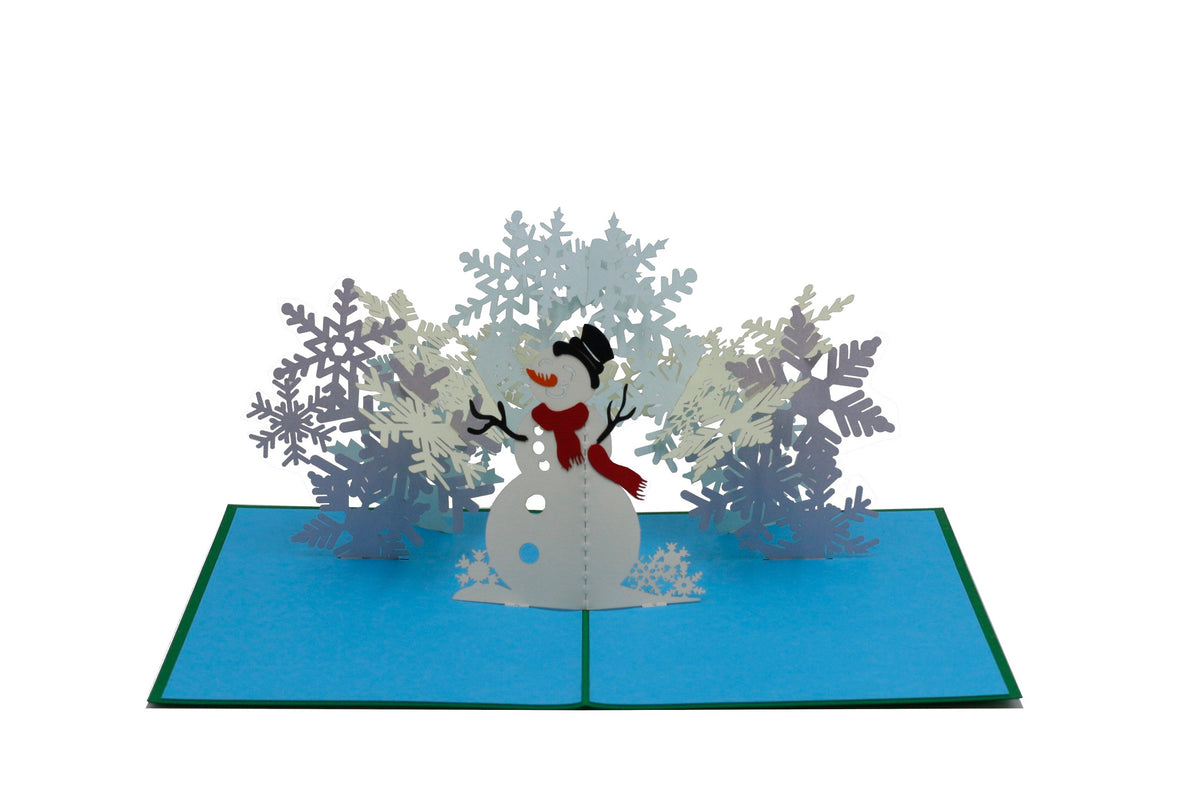 Aufgeklappte Pop-up-Karte mit Schneemann und Schneeflocken, seitlich fotografiert.