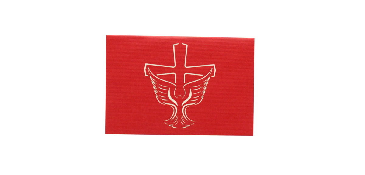 Rote Kartenvorderseite mit Taufbecken, Kreuz und Taube als Scherenschnitt.