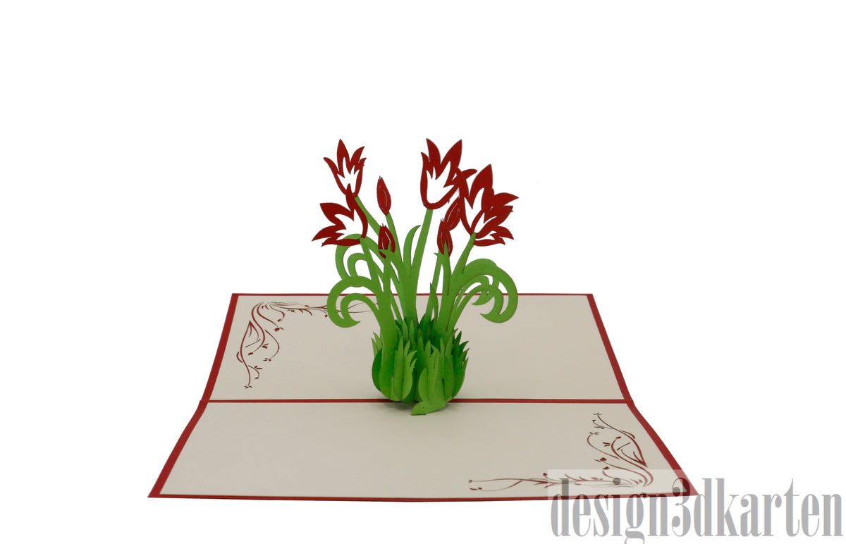 Aufgeklappte Pop-up-Karte mit roten Tulpen aus Papier, seitlich fotografiert.