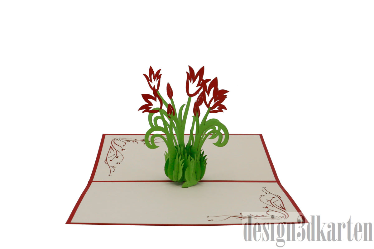 Aufgeklappte Pop-up-Karte mit roten Tulpen aus Papier, seitlich fotografiert.