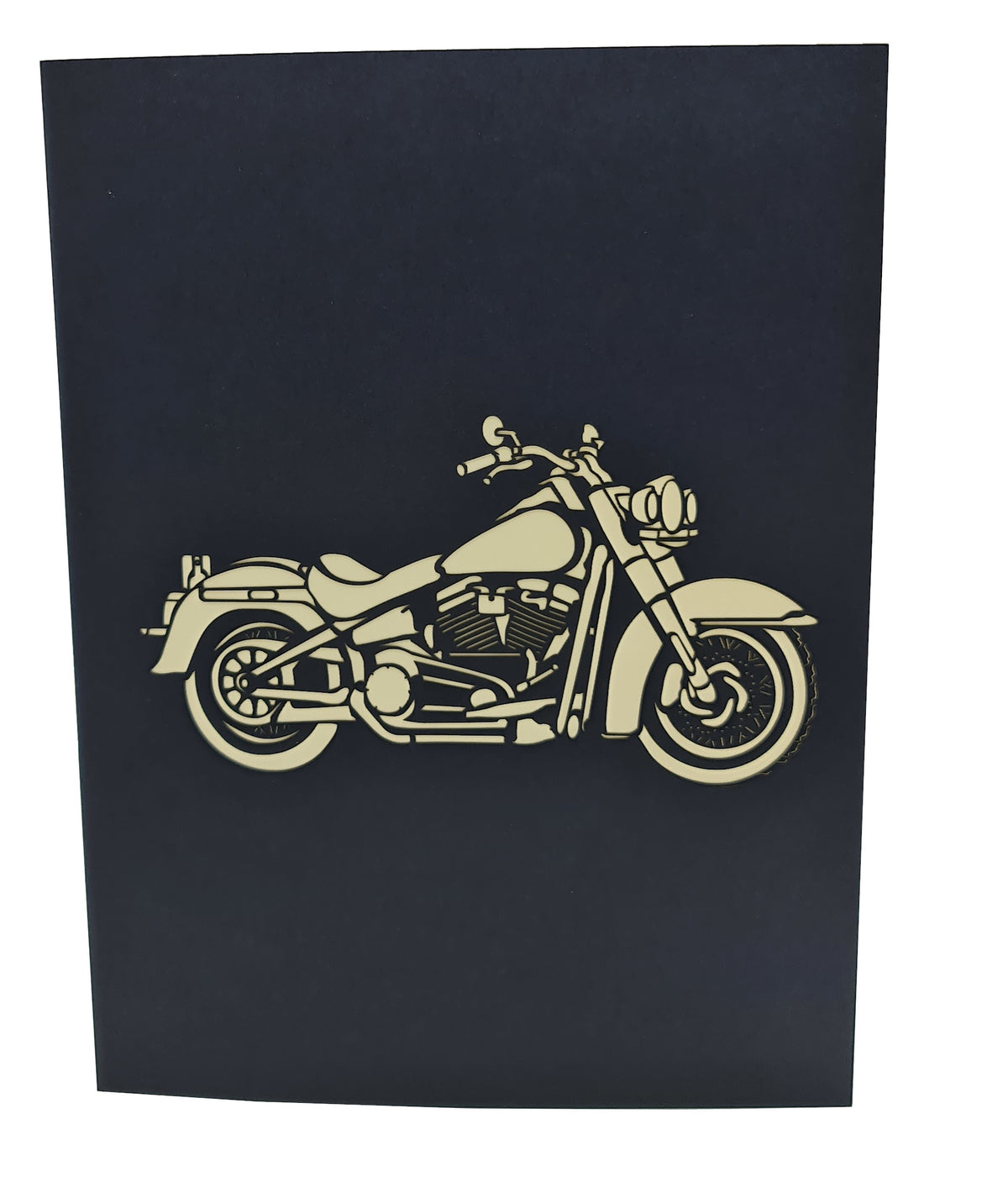 Dunkelblaue Kartenvorderseite mit einem Chopper-Motorrad als Scherenschnitt.