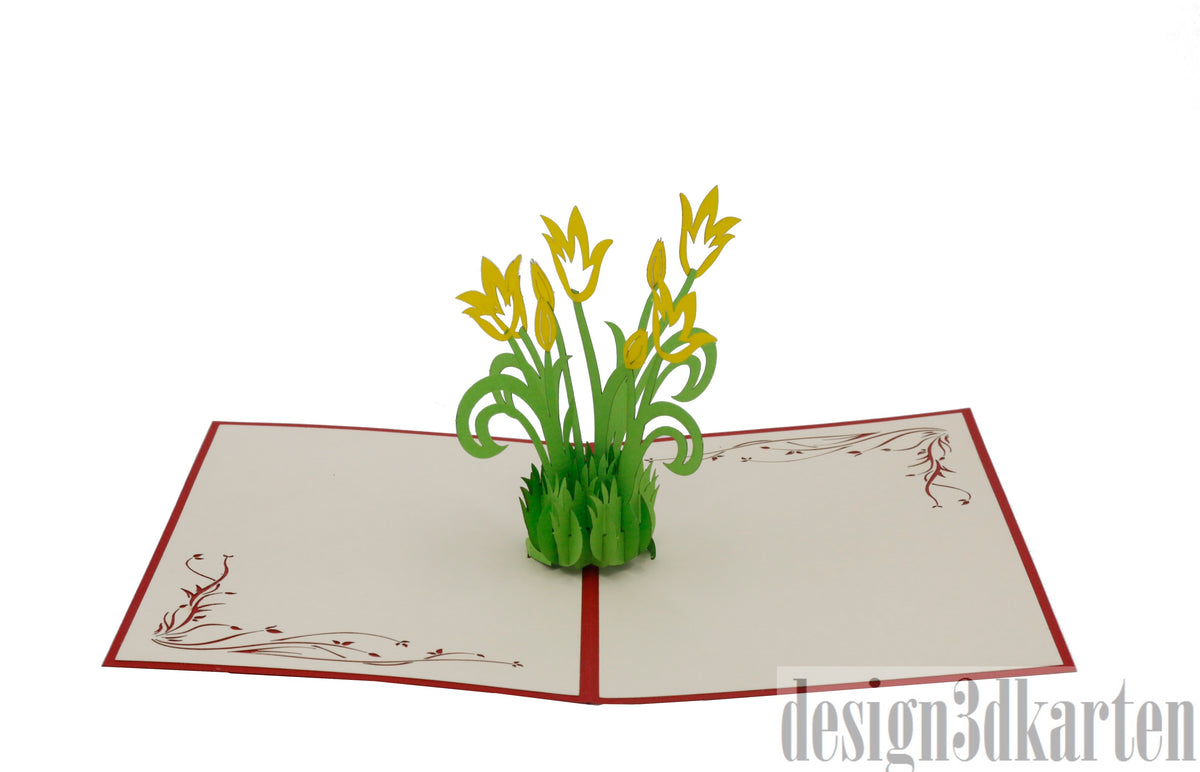 Aufgeklappte Pop-up-Karte mit rotem Rand und einem Strauß gelber Tulpen mit grünen Blättern.
