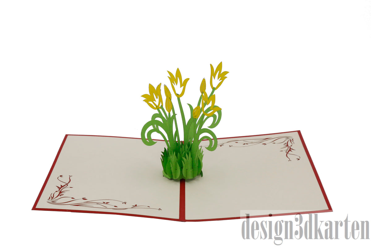 Aufgeklappte Pop-up-Karte mit rotem Rand und einem Strauß gelber Tulpen mit grünen Blättern.