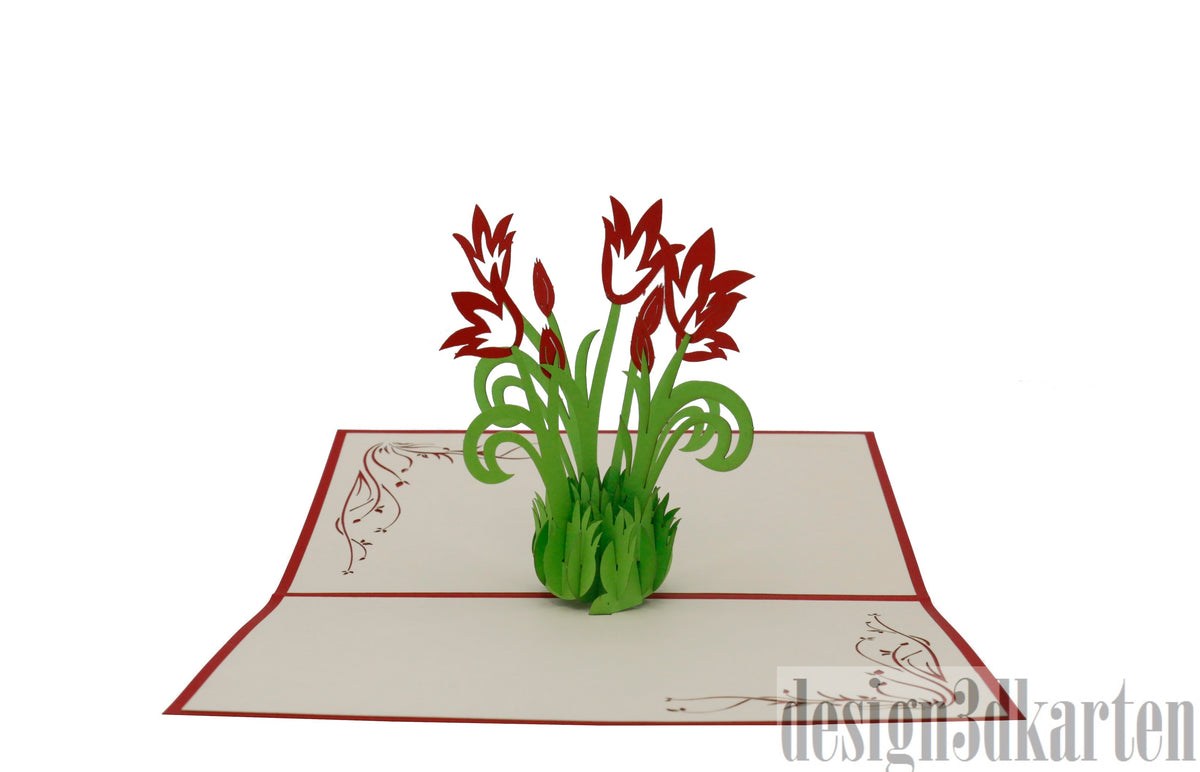 Aufgeklappte Pop-up-Karte mit roten Tulpen, schräg von der Seite fotografiert.