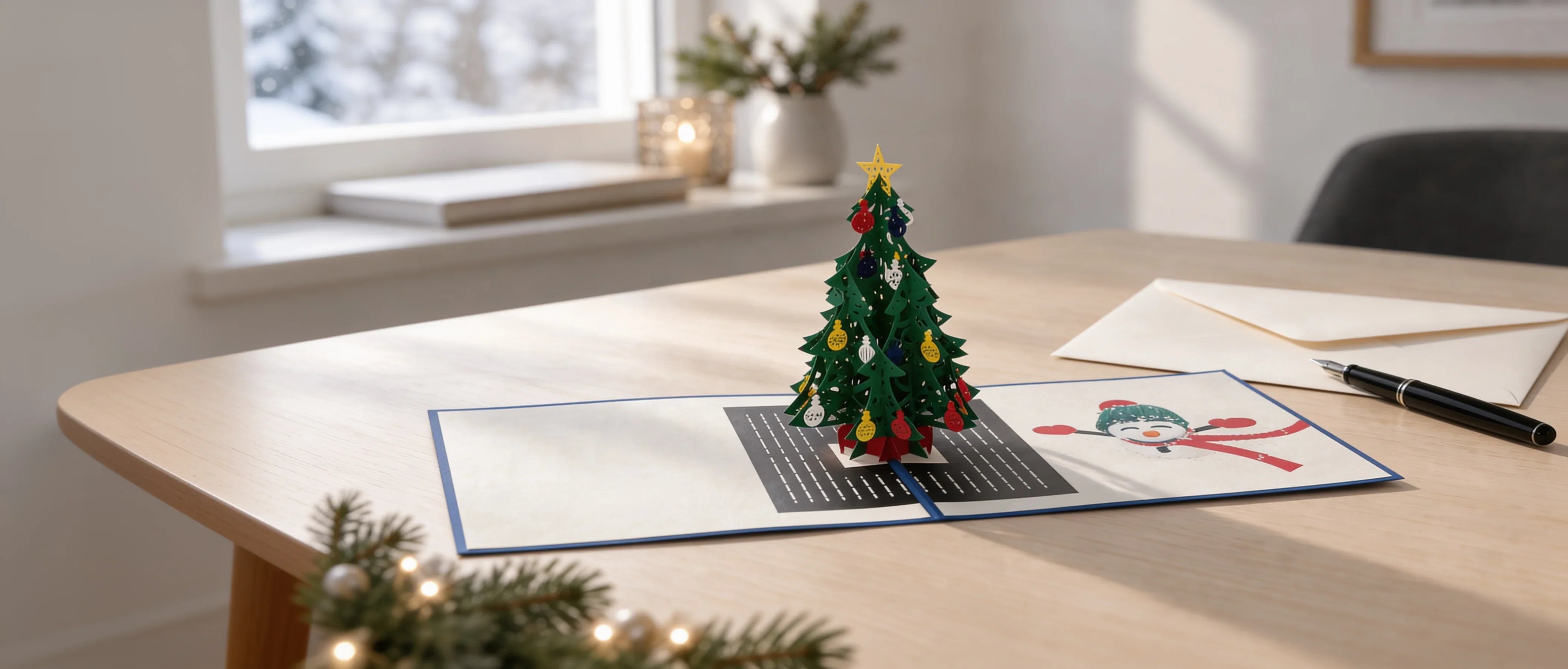 Aufgeklappte 3D-Pop-up-Weihnachtskarte mit geschmücktem Tannenbaum auf einem Schreibtisch, daneben Umschlag und Füller