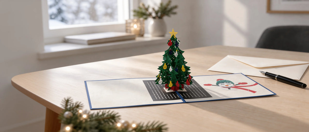 Aufgeklappte 3D-Pop-up-Weihnachtskarte mit geschmücktem Tannenbaum auf einem Schreibtisch, daneben Umschlag und Füller