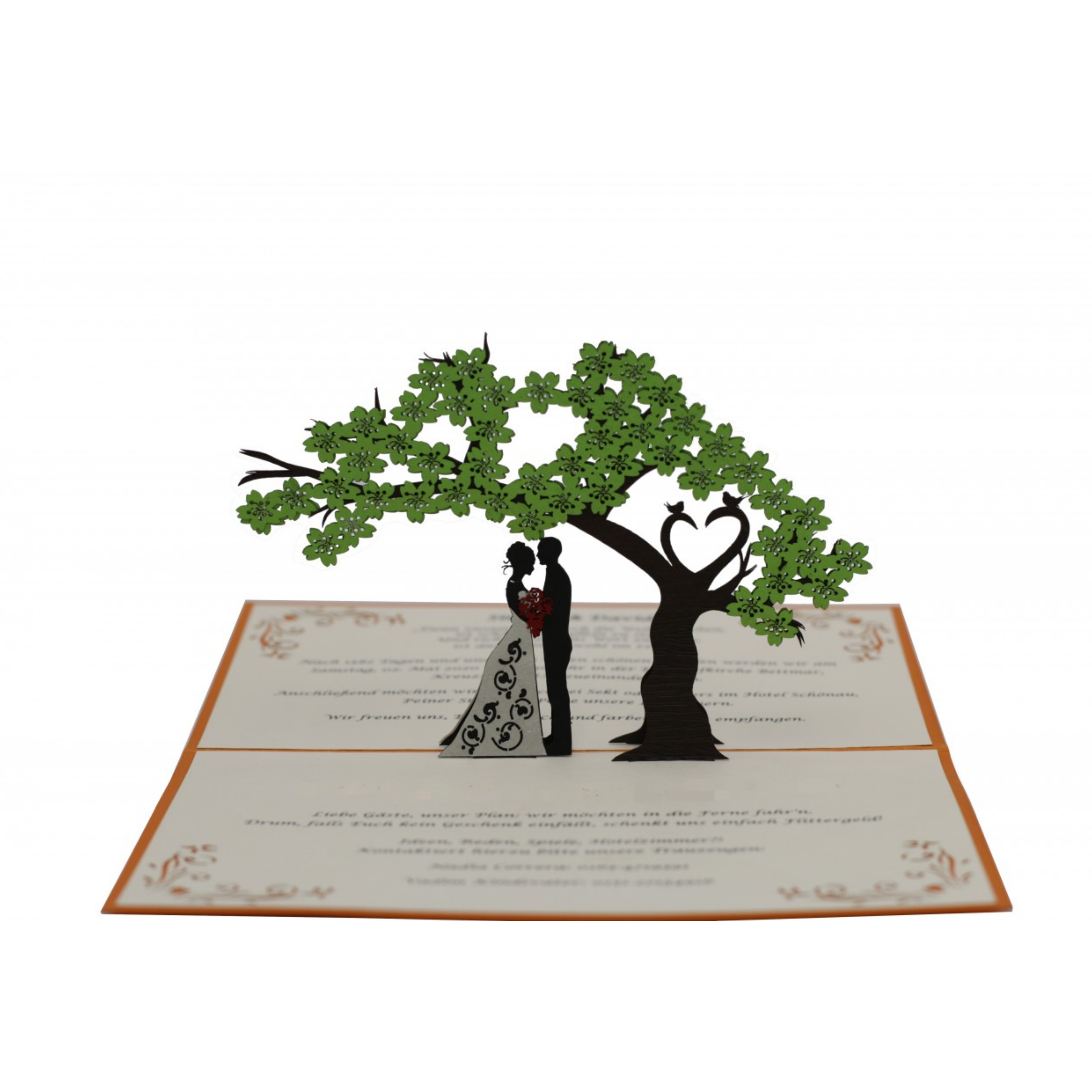Individualisierte Pop-up-Karte mit Brautpaar unter einem großen Baum, dessen Äste ein Herz bilden, auf der Kartenfläche ein persönlicher Text.