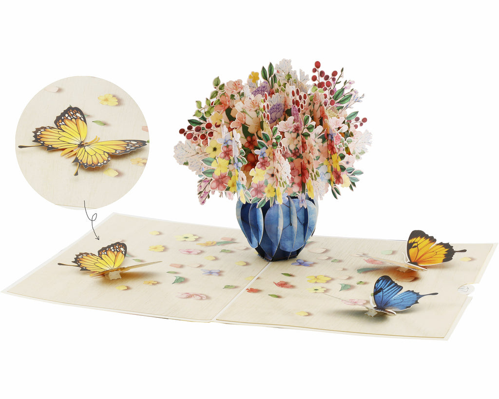 klappkarte mit buntem blumenstrauß in der vase, mit blauen und gelben schmetterlingen