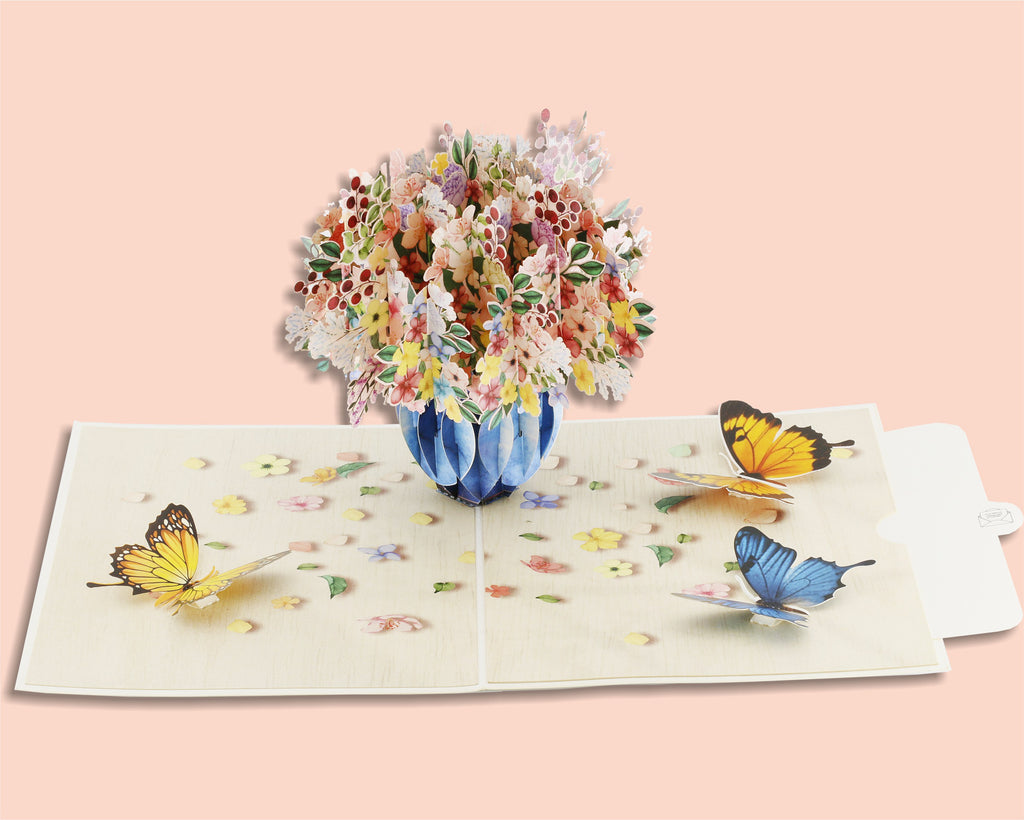 3d karte mit buntem blumenstrauß in der vase, mit blauen und gelben schmetterlingen