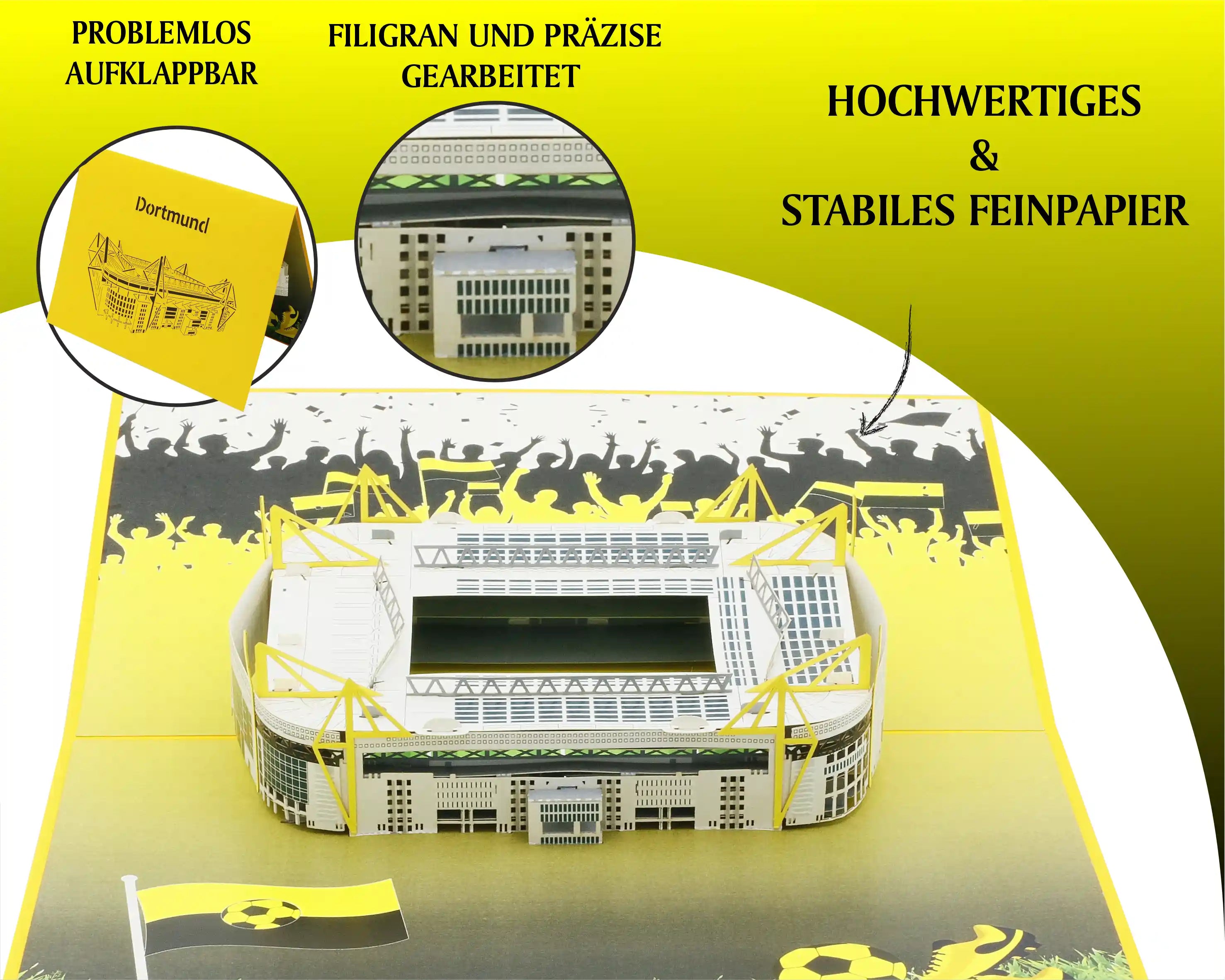 Pop-up-Karte mit filigranem Modell des Fußballstadions Dortmund und mehreren Detailansichten, umgeben von stilisierten jubelnden Menschen.