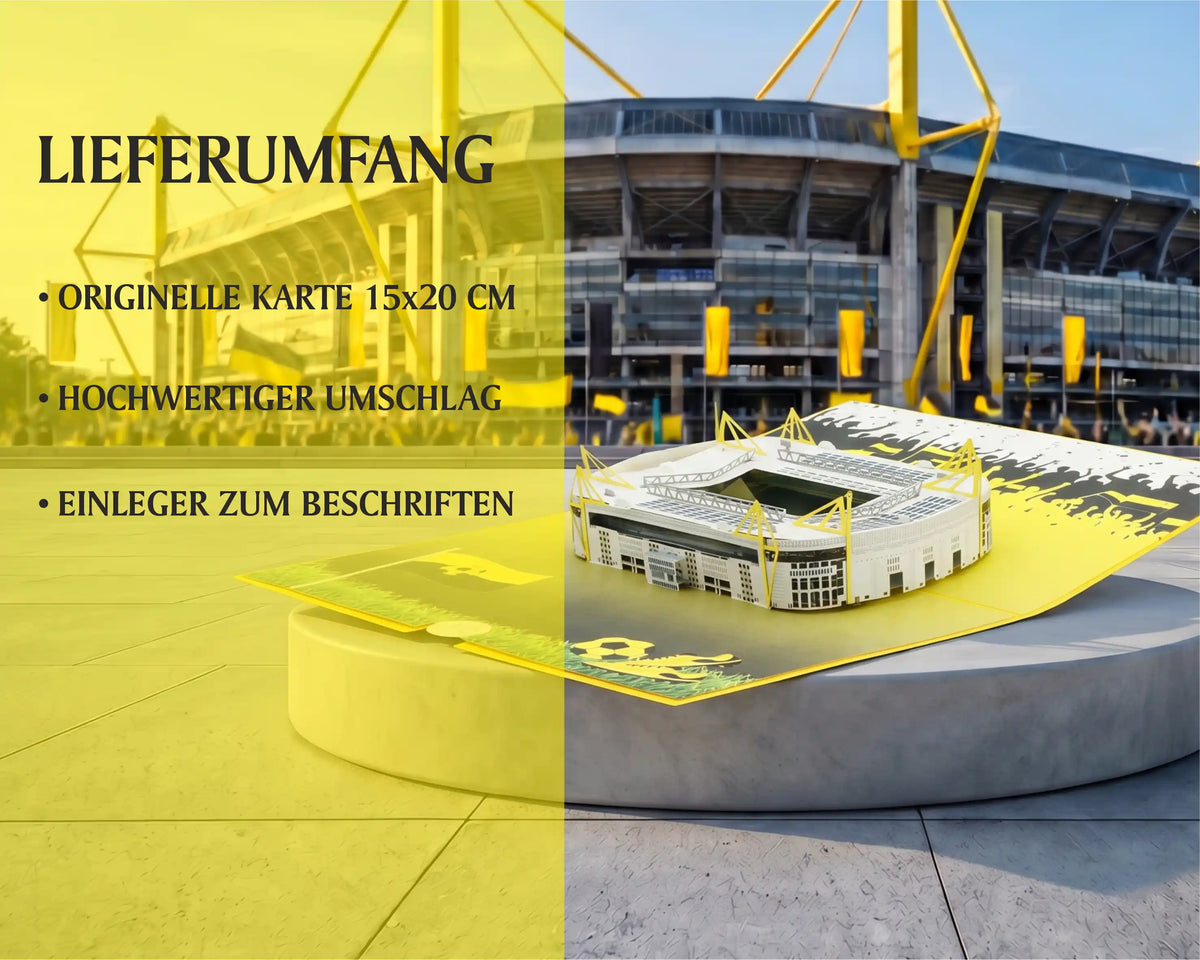 Pop-up-Karte mit Stadionmodell Dortmund im Vordergrund vor großem Stadiongebäude mit gelben Streben, links daneben gelber Infokasten mit dem Lieferumfang.