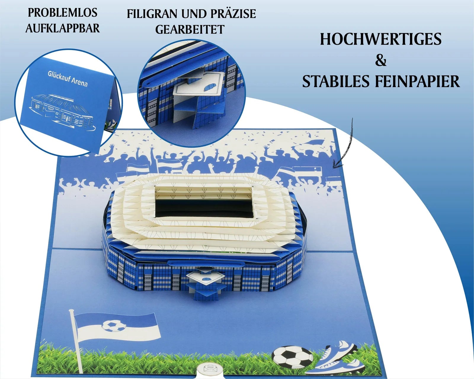 Hochwertige Pop-up-Karte mit einem Stadion-Design, gefertigt aus stabilem Feinpapier, ideal für Fußballfans und Geschenke.