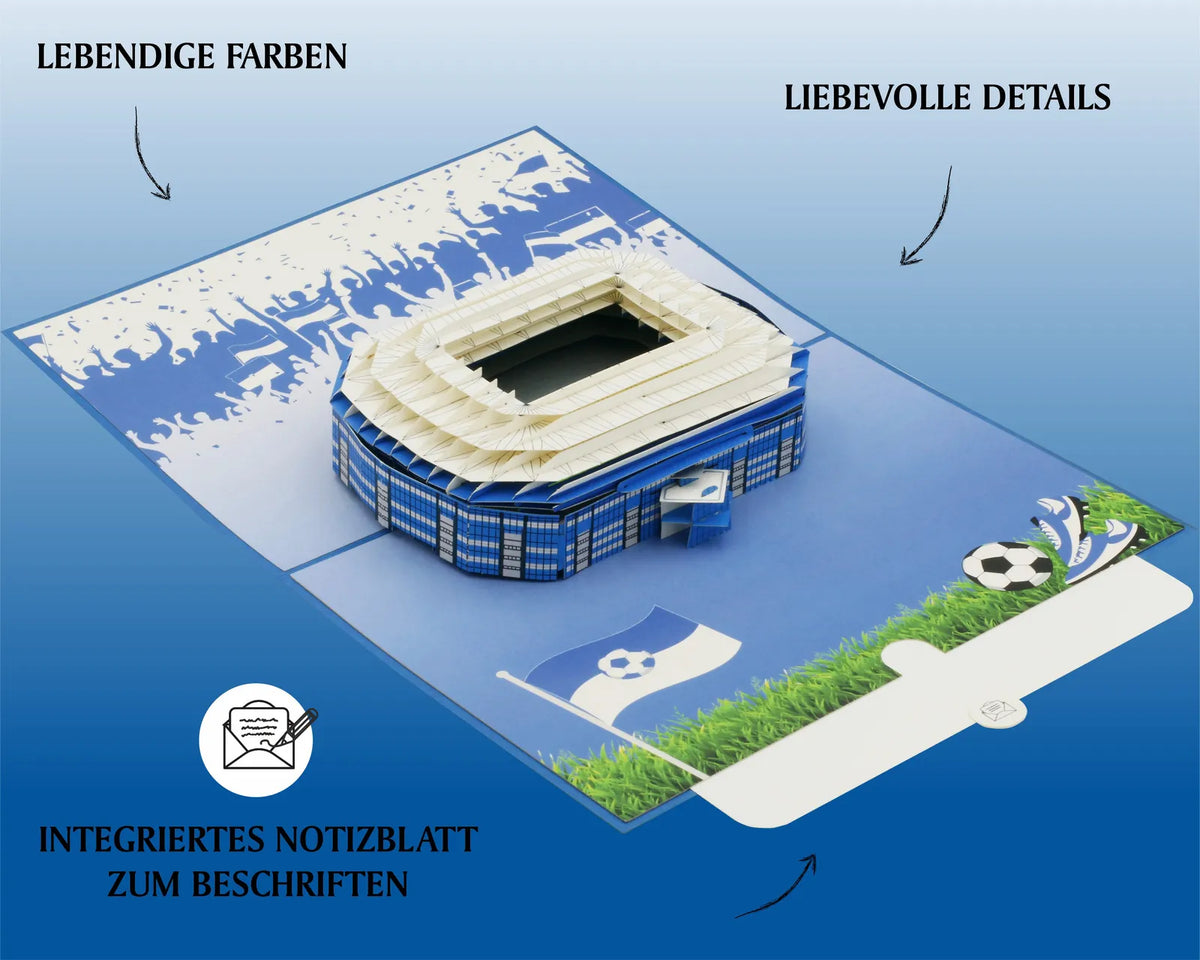 Pop-up-Karte mit einem detailreichen Fußballstadion in lebendigen Farben und integriertem Notizblatt zum Beschriften für Fans.