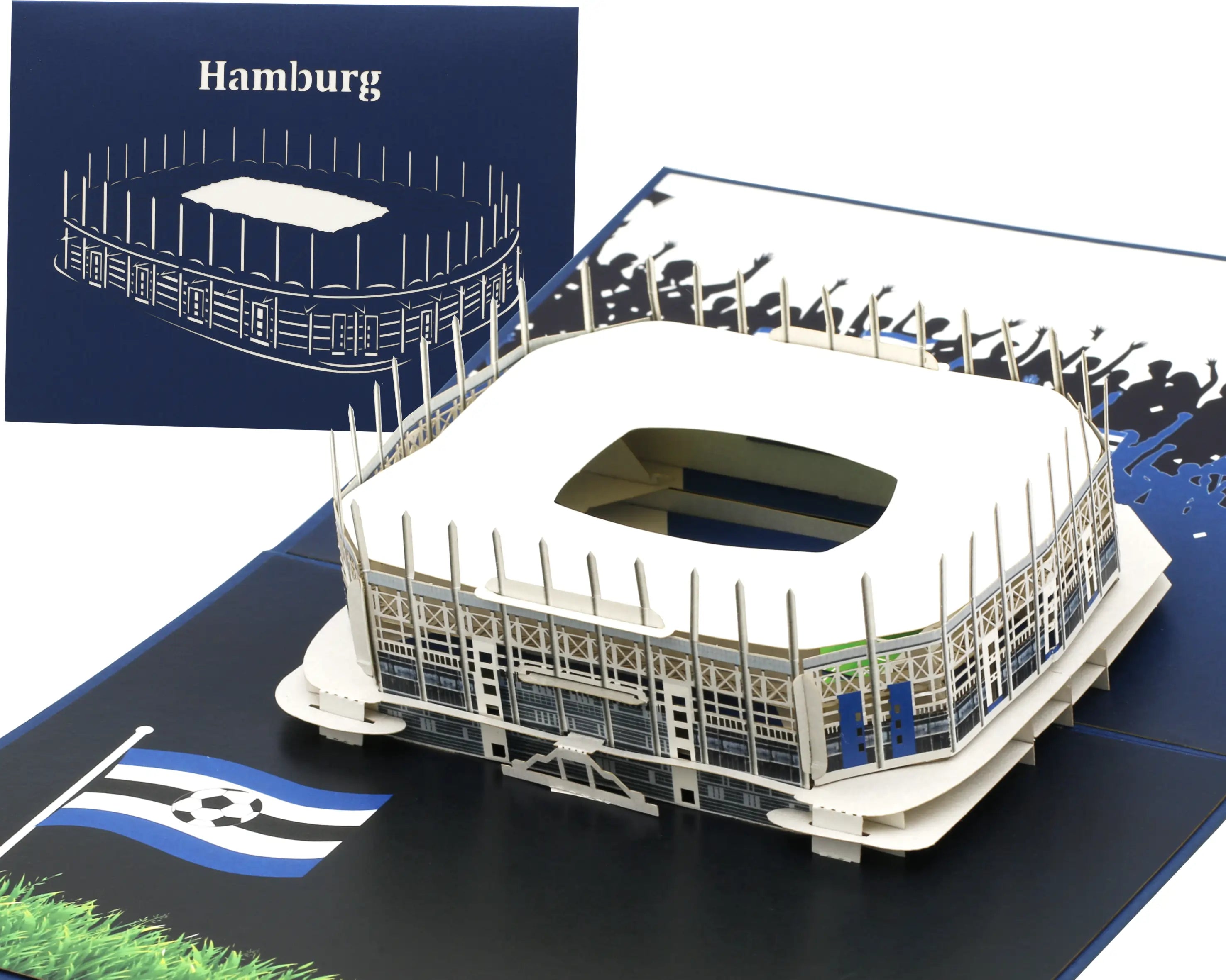 Pop Up Karte Fußballstadion Hamburg mit angedeuteten Tribünen, aufgeschlagener Unterlage mit Fußballmotiv und Fahne.