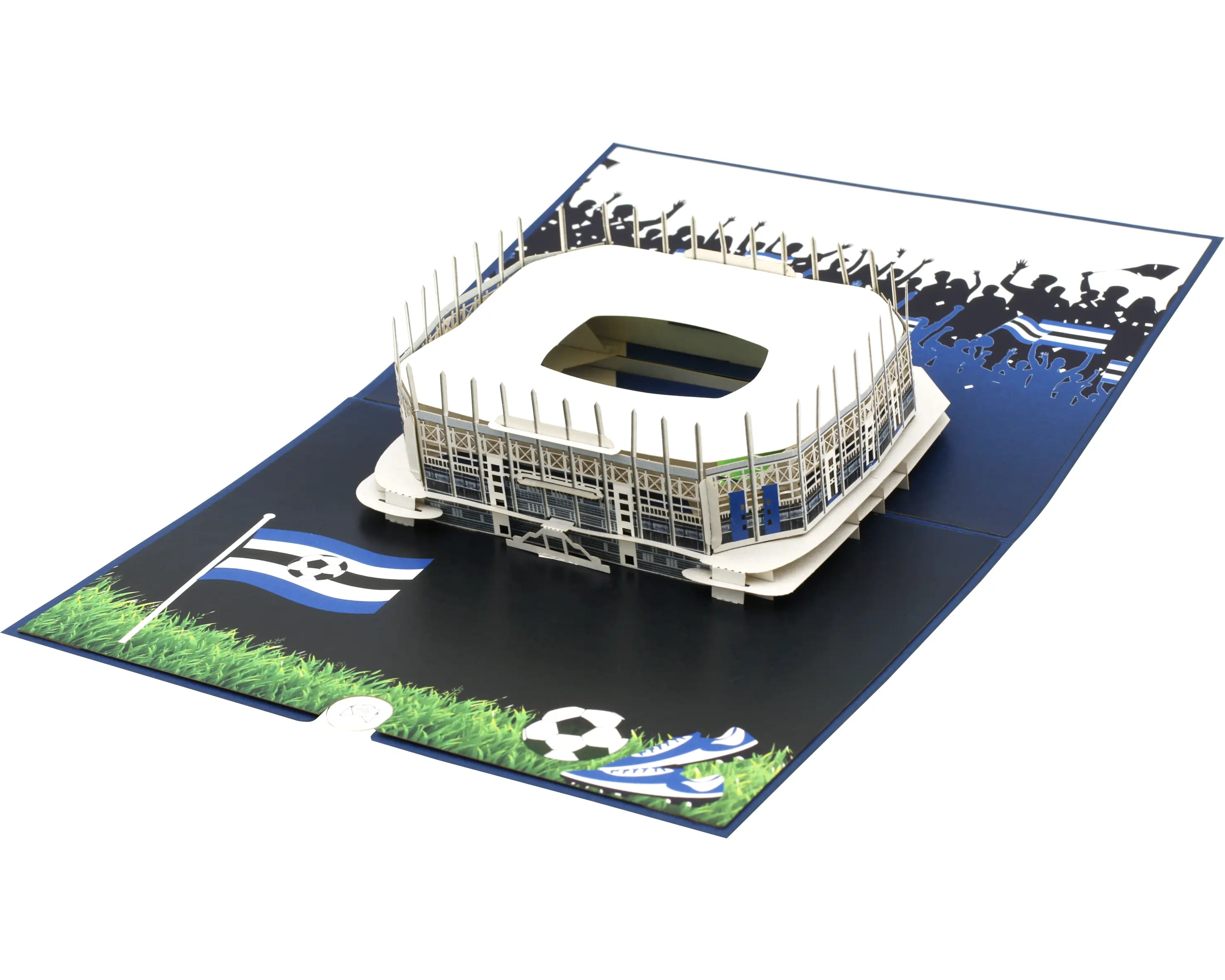 Aufgeklappte 3d Grußkarte mit einem detailreichen Pop-up-Modell des Hamburger Fußballstadions, umgeben von Fans mit Fahnen und Fußball.